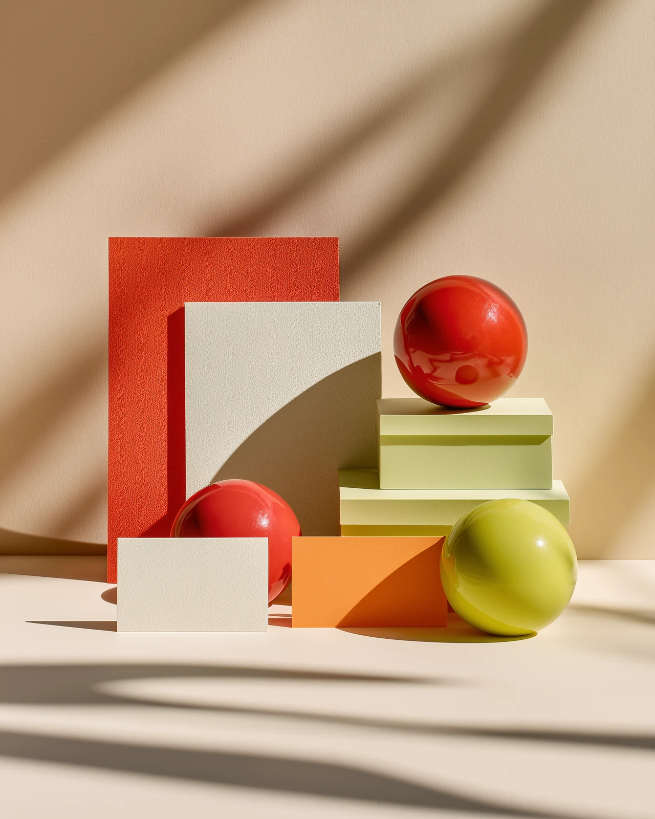 Composition de papiers crème, corail et vert avec des sphères laquées.