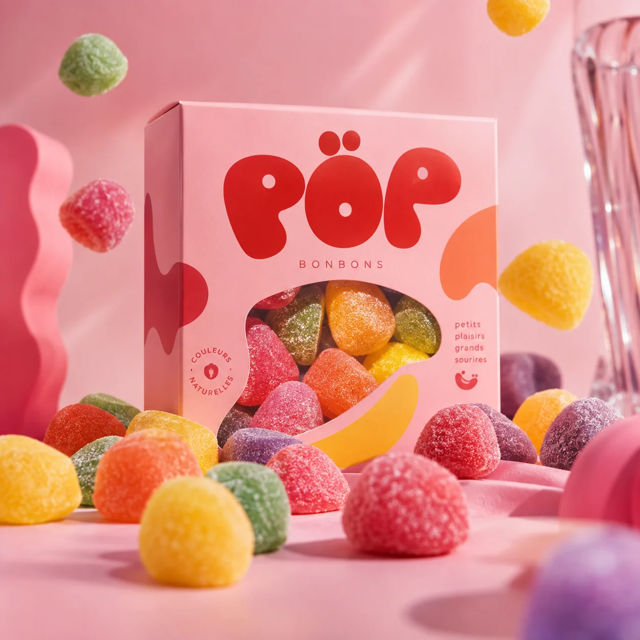 Coffret Pöp Bonbons rose entouré de bonbons.